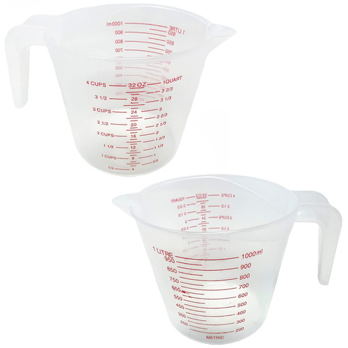 2 Pcs 1 Liter (32oz) 1000ml Clear Plastic Measuring Cup - 4-Cup Capacity Milliliters, Liter, Oz, Cups, Quart