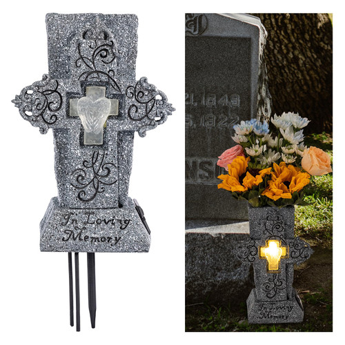 Solar Cemetery Vase with LED for Fresh/Artificial Flowers Grave Flower Cross Vase Headstones Vases with Spikes Gravestone Decor Memorial Gifts for Loss of Loved One Solar Cemetery Vase with LED for Fresh/Artificial Flowers Grave Flower Cross Vase Headstones Vases with Spikes Gravestone Decor Memorial Gifts for Loss of Loved One
