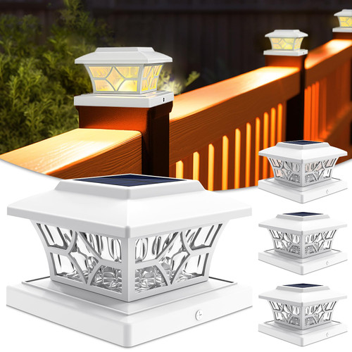 VOLISUN Solar Post Cap Lights 4x4/6x6,Outdoor Fence Post Cap Lights,Vinyl Fence Post Solar Lights White/Black Wooden Solar Powered Deck Post Lights for Dock Waterproof 2 Color Modes 4Pack