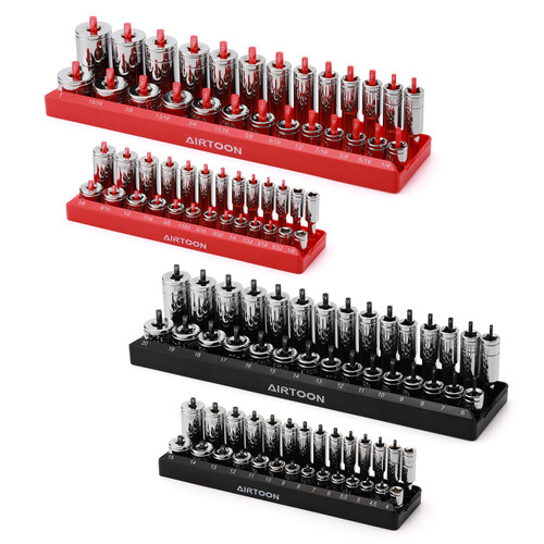 AIRTOON 1/4-Inch & 3/8-Inch Drive Socket Organizer Trays, 4-Piece SAE and Metric Socket Tray Set, Deep and Standard Socket Holders Organizers for Toolbox, Black & Red