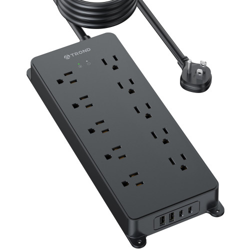 Power Strip Surge Protector, TROND Flat Plug 15ft Long Extension Cord, 10 Widely Spaced AC Outlets, 2 USB A & 2 USB C Ports, 4000J, ETL Listed, Wall Mountable, for Home Office Entertainment, Black