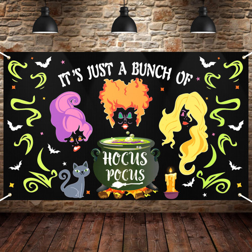 3.6 x 6 FT Halloween Hocus Pocus Banner Backdrop - Extra Large Witch Sisters It's Just A Bunch of Hocus Pocus Wall Hanging Banner Background for Indoor Outdoor House Garden Witch Themed Decorations