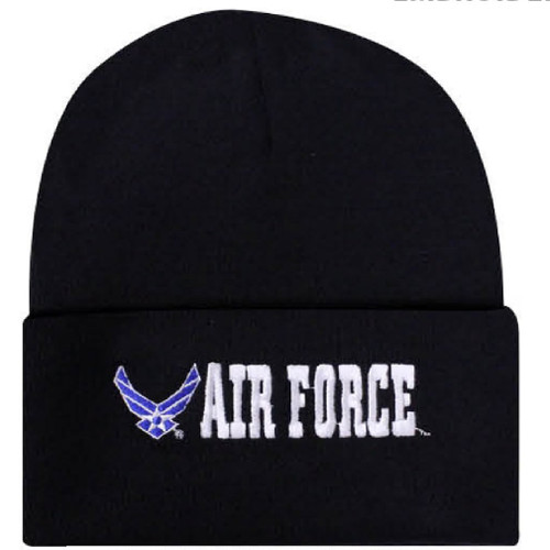 Offically Licensed US USAF Air Force Wings Logo Embroidered Beanie Cap Stocking Hat Military Black