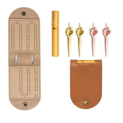 Lohoee Leather Cribbage Board Game Set/Travel Portable Cribbage Board/ 2 Track Mine Cribbage Board Accessories with 4Pcs Funny Finger Cribbage Board Pegs for Family Traditional Peg Board Game