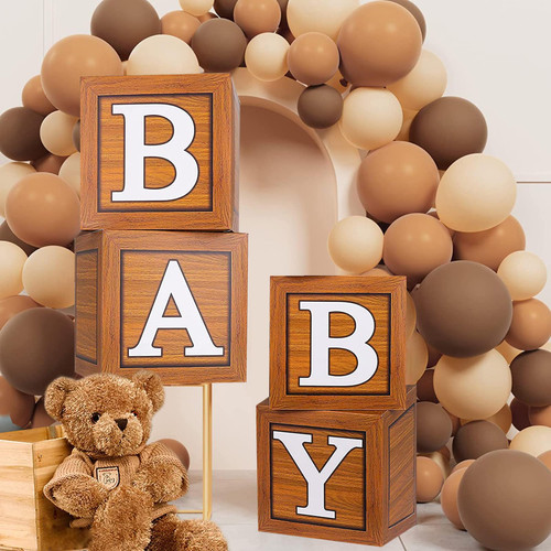 Teddy Bear Baby Boxes Party Decorations 4PCS Party Boxes Baby Blocks with Balloons Gender Reveal Decorations for Baby Shower Birthday Party Backdrop