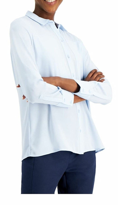 Alfani Womens Seamed Button Up Shirt, Blue, Small
