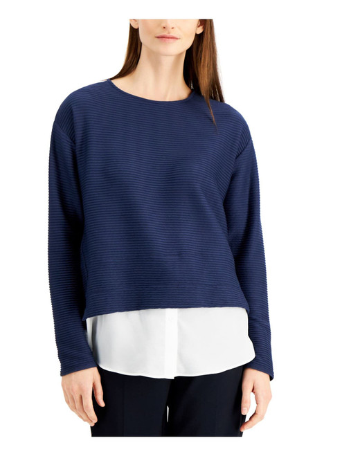 Alfani Womens Layered-Look Colorblocked Pullover Blouse, Blue, Large