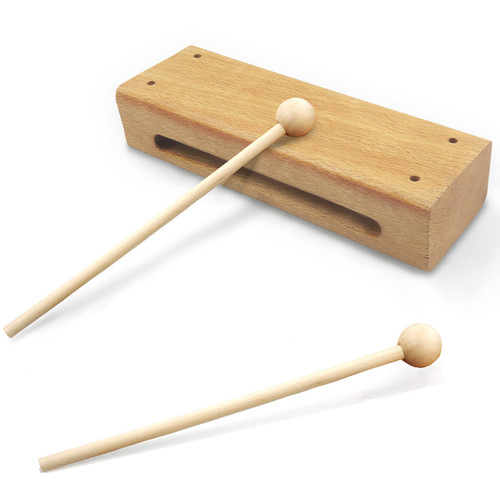 Wood Block Musical Instrument with 2 Mallet, Solid Hardwood Percussion Rhythm Wood Blocks for Creating Resonant and Loud Tone