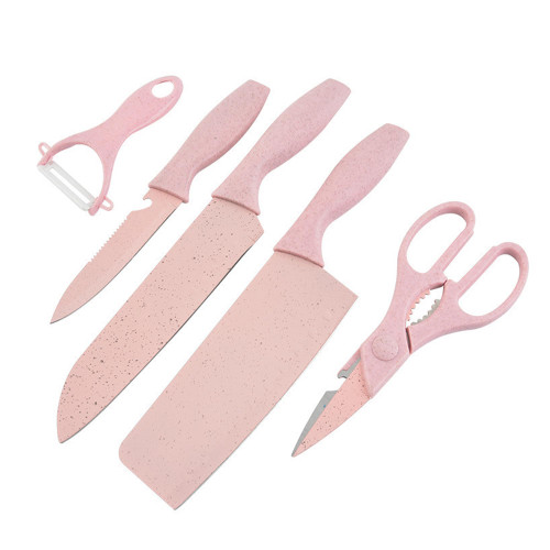 ZINC WEALD Boxed Kitchen Knife Set Block Wheat Straw blades Nonstick for Kitchen Cutting Meat Scissors Ceramic Peeler for Slicing Paring Fruits Vegetables (pink)