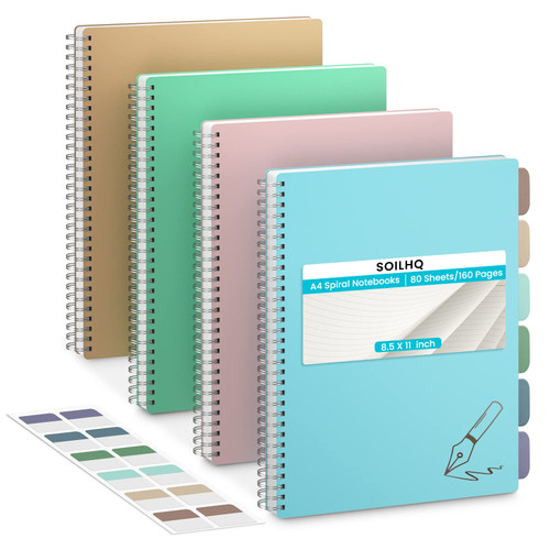 SOILHQ 4 Pack Spiral Notebook - A4 Lined Journal Notebook 7mm College Ruled Paper 8.5 x 11 inches Notebooks for School 80 Sheets/160 Pages,Journals for Work,Study and Notes