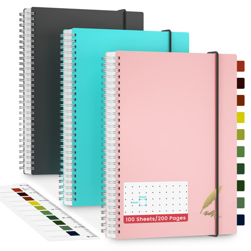 Yiozojio Dotted Spiral Notebooks - 3 Pack B5 Bullet Journals 100 Sheets/200 Pages 5 x 5mm Dot Grid Paper - Journals for Study and Notes 7.6 x 10 inches (Blue,Pink,black)
