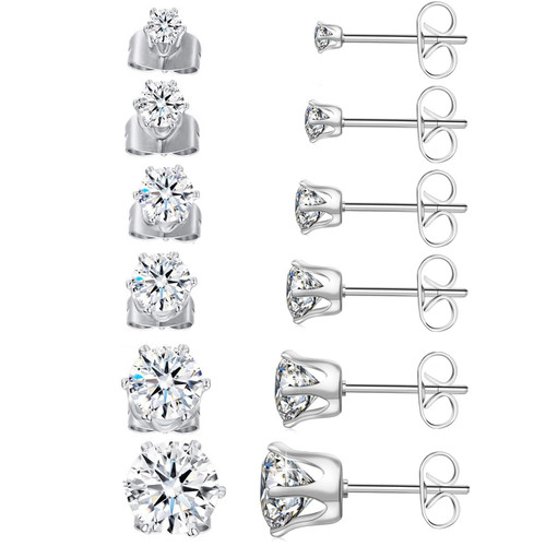 6 Pairs Stud Earrings, 18K White Gold Plated Hypoallergenic Cubic Zirconia Stud Earrings, 316L Stainless Steel CZ Earring Set for Women Girls Men Teen 3-8mm, Silver