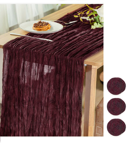 3 Pcs Burgundy 13.3ft Cheesecloth Table Runners 35 x 160 inches Boho Vintage Gauze Cheese Cloth Table Rustic Runner for Wedding Bridal Shower Birthday Party Cake Dinner Table Decorations