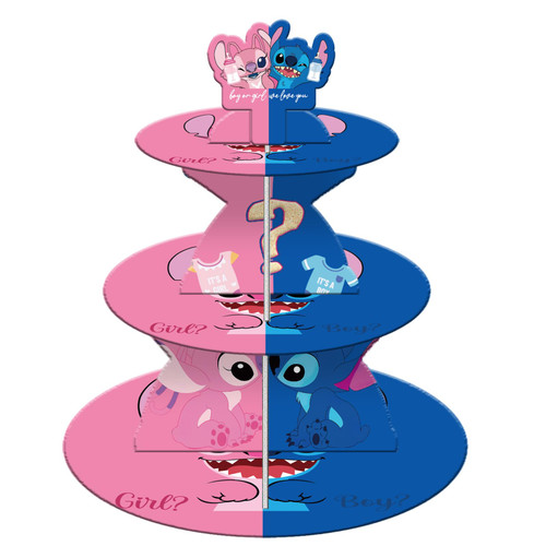 Stitch Gender Reveal Party Supplies,3-Tier Stitch Themed Gender Reveal Cupcake Stand,Angel and Stitch Gender Reveal Decorations Round Dessert Stand for Party Baby Shower.
