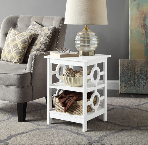 RAAMZO White Finish Wooden Circle Design Chair Side End Table Nightstand Phone Stand with 3-Tier Shelf