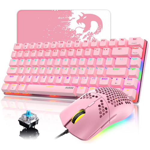 Pink Gaming Keyboard and Mouse,3 in 1 Rainbow LED Backlit Wired Mechanical Keyboard Blue Switch,RGB 6400 DPI Lightweight Gaming Mouse with Honeycomb Shell Gaming Mouse Pad for PC Gamers(Pink)