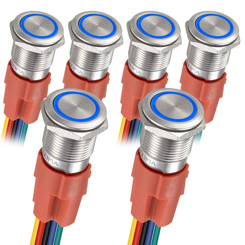 Latching Push Button Switch 16mm 0.63' - APIELE- 12V- 24V DC LED SPDT 1NO1NC Stainless Steel Metal Push Button Switch with Pigtail (Blue Led/Silver Shell, Pack of 6)