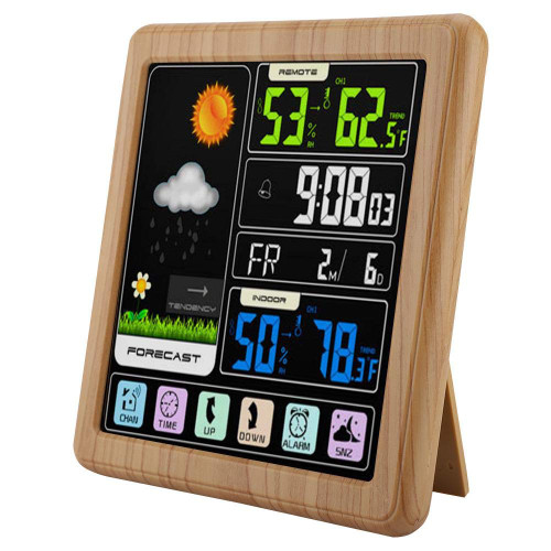 Wireless Weather Station with Alarm Clock, Digital Indoor Outdoor Thermometer Hygrometer Humidity Gauge with Weather Icons, Weather Forecast, Time Display(Brown)