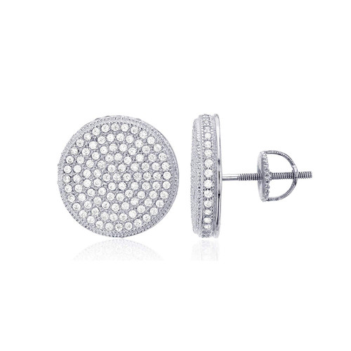 Sterling Silver Rhodium Micropave 14.50mm Round ScrewBack Mens Stud Earring