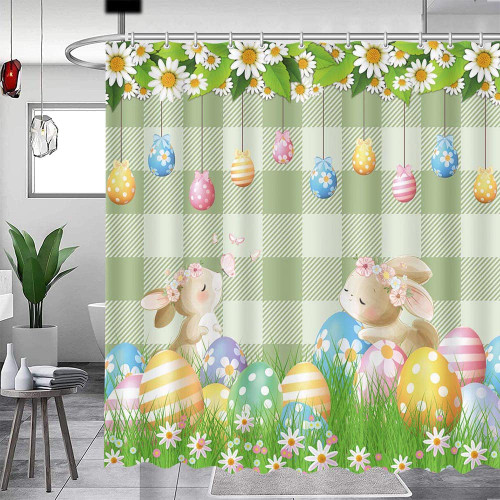 AIBIIN 72x72 inch Happy Easter Shower Curtain Cartoon Funny Rabbit Ears Spring Garden Colorful Eggs Butterfly Home Bathtubs Bathroom Curtain Decor Set with 12 Hooks Washable Durable Polyester Fabric