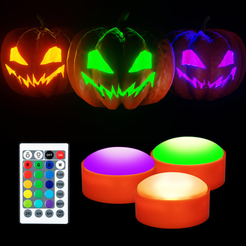 3PCS Pumpkin Lights with Remote Control and Timers, RGBW Color Changing Jack-O-Lantern Battery Operated Lights, Flickering Flameless Candle for Halloween Decor Pumpkin Decoration
