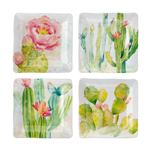 UPware 4-Piece Melamine Dessert Plates Appetizer Dinner Plates Small Serving Plates Party Plates Square Plate for Dessert Snack Fruit Side Dishes (6 Inch, Cactus)