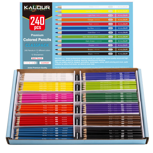 KALOUR Premium Colored Pencils,Bulk Classpack,12 Assorted Vibrant Colors,240 Count Total,School Classroom Supplies For Kids Teachers,Pre-sharpened Artists Colored Pencils for Adult Coloring Book