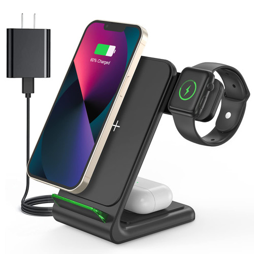 MGG Wireless Charging Station for Apple, 3 in 1 Charger Stand for iPhone 15/14/13/12/11/X/8/SE Series, iWatch 7/6/SE/5/4/3/2, AirPods 3/Pro/2, Black