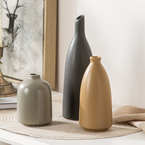 Ceramic Small Vase Set of 3, Matte Vases for Home Decor, Modern Farmhouse Decor, Living Room Decor, Shelf Decor, Table, Bookshelf, Mantel and Entryway Decor-Multicolor
