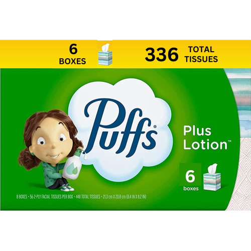 Puffs Plus Lotion Facial Tissues Boxes Bulk (Pack Of 6 Boxes), Ultra Soft Moisture Tissues (56 Tissues Per Box)