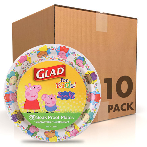 Glad for Kids 7 inch Peppa Pig Friends Paper Plates, 200 Ct | Disposable Paper Plates with Peppa Pig Characters | Heavy Duty Soak Proof Microwavable Cut Resistant Paper Plates for Everyday Use
