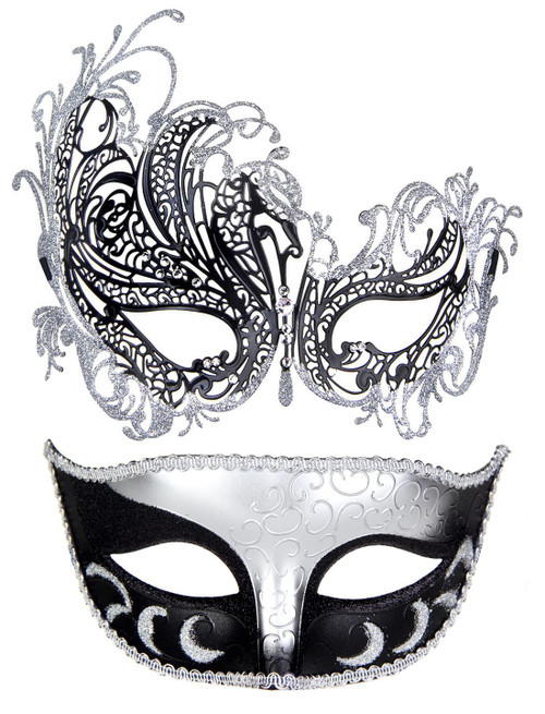 IETANG Couples Pair Half Venetian Masquerade Ball Mask Set Party Costume Accessory (silver&black)