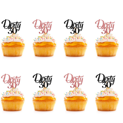 Dirty 30 Cupcake Toppers, Black & Rose Gold Glitter Happy 30th Birthday Cupcake Picks, Cake Decorations for 30th Birthday/Anniversary Party - 24pcs