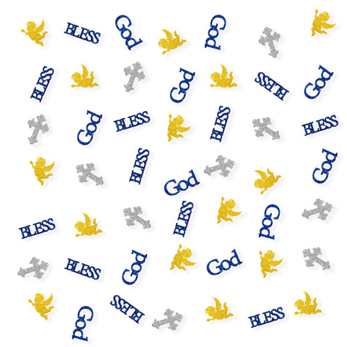 100pcs God Bless Confetti, Gold & Blue Table Decorations for First Holy Communion Party, Cross God Bless Table Confetti, Baptism Baby Shower Table Scatter Decorations