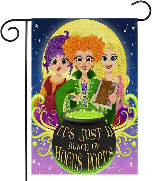 Halloween Garden Flag 12x18 Double Sided Sanderson Sister Hocus Pocus Small Burlap Witch Yard Flags for Farmhouse Front Porch Lawn Outdoor Decor