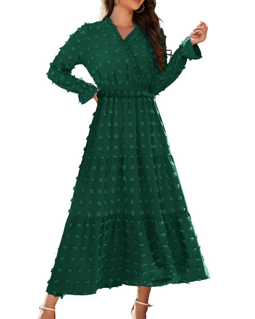 Womens Boho Long Sleeve Wrap V Neck Ruffle Maxi Dress Swiss Dot Smocked High Waisted A-Line Tiered Fall Long Dresses Dark Green XL