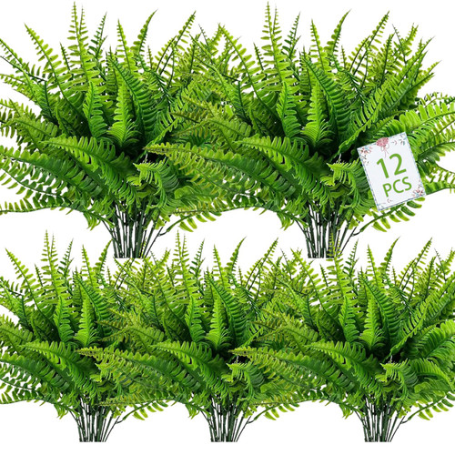 ZEYGLXC 12 Bundles Artificial Plants, Fake Boston Fern Greenery Outdoor UV Resistant No Fade Faux Plastic Plants Garden Porch Window Box Decorations