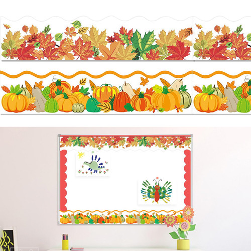 60Pcs Fall Bulletin Board Borders Thanksgiving Autumn Leaves Border Pumpkins Classroom Board Borders Autumn Stickers Self Adhesive Scalloped Borders for Classroom Maple Leaf Borders Decorative