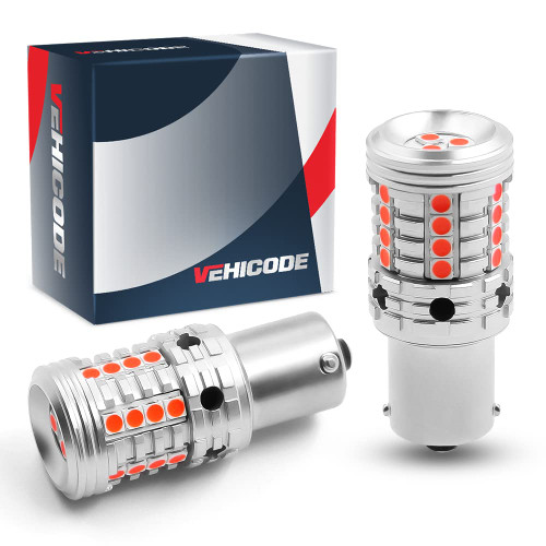 VEHICODE 1156 LED Bulb Red CANBus Error Free Anti Hyper Flash 7506 P21W 1073 with Built in Resistor Super Bright Tail Turn Signal Brake Light BA15S Replacement for Harley Motorcycle Car (2 Pack)