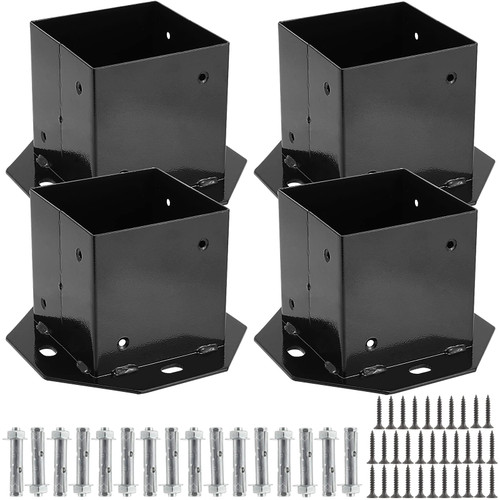 KEILEOHO 4 Pack 4x4 Post Base, Post Base Brackets, Heavy Duty Steel Wood Post Brackets Powder-Coated Fence Post Support Anchor Brackets with Screws, for 4x4 Wood, Matte Black