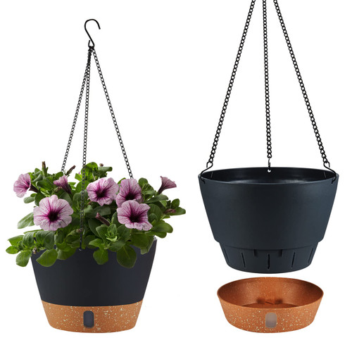 WIZROL 2 Pack Hanging Planters for Indoor Outdoor Plants, 10 Inch Hanging Flower Pot Basket with Drainage Hole with Removable Tray&Hooks Self Watering Plant Pot for Hanging Plants, Dark Grey