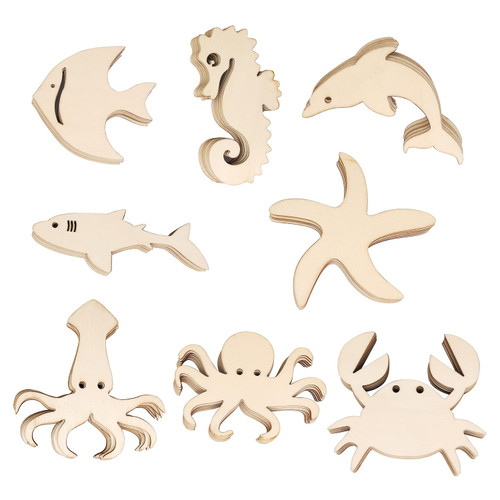 48 Pack Wood Ocean Sea Animal Life Cutouts Crafts Unfinished Wooden Sea Life Hanging Ornaments DIY Octopus, Shark, Whale, Dolphin, Starfish, Crab, Squid, Seahorse Craft Gift Tags for Home Party