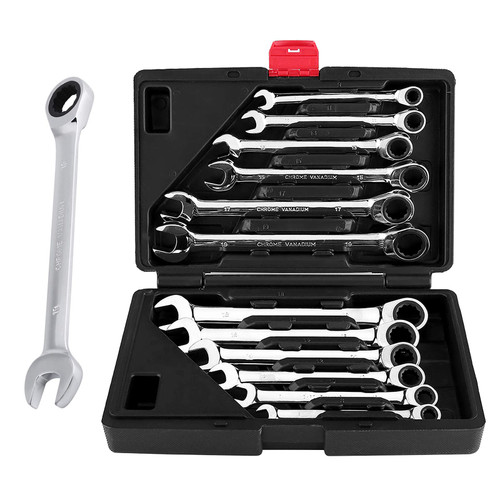 12pcs Ratchet Wrench Set, Chrome Vanadium Steel Combination Wrench set, Combination Ended Spanner kits, Metric Wrench Set Spanner Wrench Polished Tool for with Storage Organizer Box, Metric 8mm-19mm