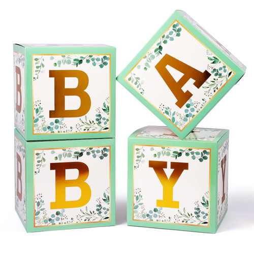 Voircoloria Baby Boxes with Letters for Baby Shower, 4 Transparent Balloon Boxes with Letters for Gender Reveal Birthday Wedding Baby Shower Decorations (Sage Green)