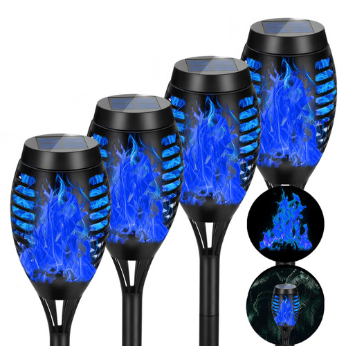 AOUNQ Solar Lights Outdoor Waterproof Blue, Upgraded 4 Pack Halloween Decorations Outdoor with Flickering Flame, Mini Solar Outdoor Garden Lights Tiki Torches for Outside Patio Yard Pathway Decor