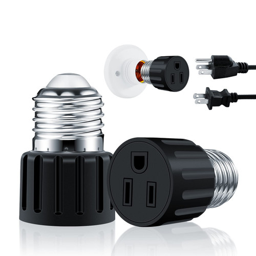 E26/E27 3 Prong Light Socket to Plug Adapter, Polarized Screw in Outlet for Light Socket Adapter Outlet 3 Prong Light Bulb Socket Adapter Fit for 2/3Prong Convert, for Porch Patio Garage, Black, 1pcs