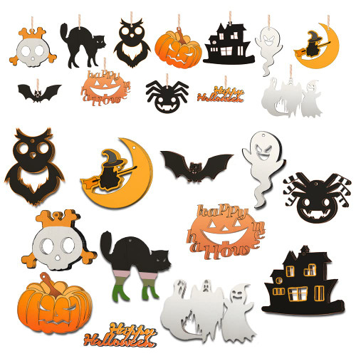 Halloween Wooden Ornaments, 60Pcs Unfinished Blank Wood Cutouts Embellishments Hanging Ornament for Halloween Decorations, Kids Crafts DIY Supplies