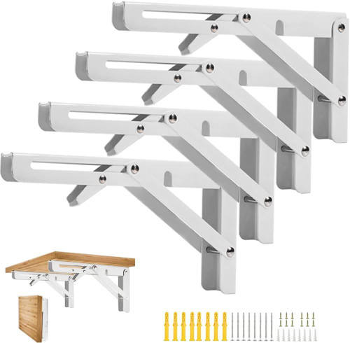 4PCS 10" Folding Shelf Brackets, Shelf Brackets Max. Load 220 lb Collapsible Heavy Duty Stainless Steel DIY Wall Mounted Shelf Bracket Space Saving for Work Table Bench, 8Inch White (White/10In/4pcs)