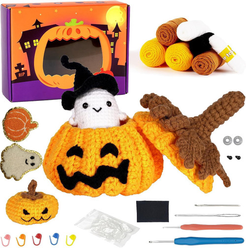 ZG0I7 Halloween Crochet Kit, Pumpkin Ghost Knitting & Crochet kit for Beginners Adults Crochet Starter Kit with Step-by-Step Video Tutorials, DIY Art Craft Supplies