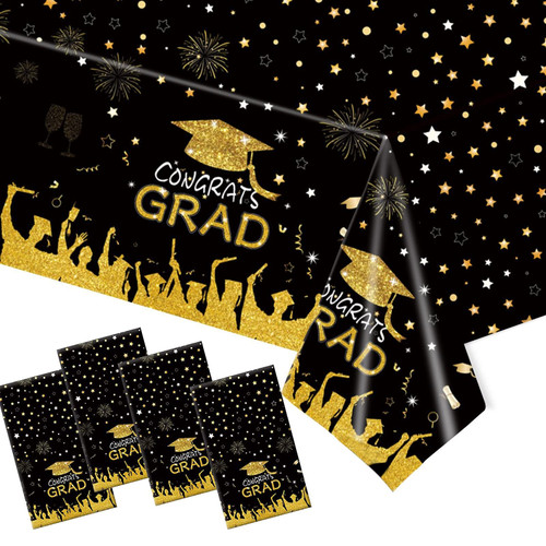 WOONOO Graduation Party Decorations 4 Pack Graduation Tablecloth, Black & Gold Graduation Decorations Class of 2023 Large Size 54"x108" Plastic Congrats Grad Graduation Party Tablecover